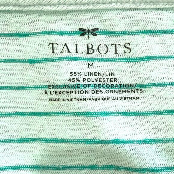 Talbots Green Striped Pom Pom Scoop Neckline Linen Blend T-shirt Top - Picture 6 of 7